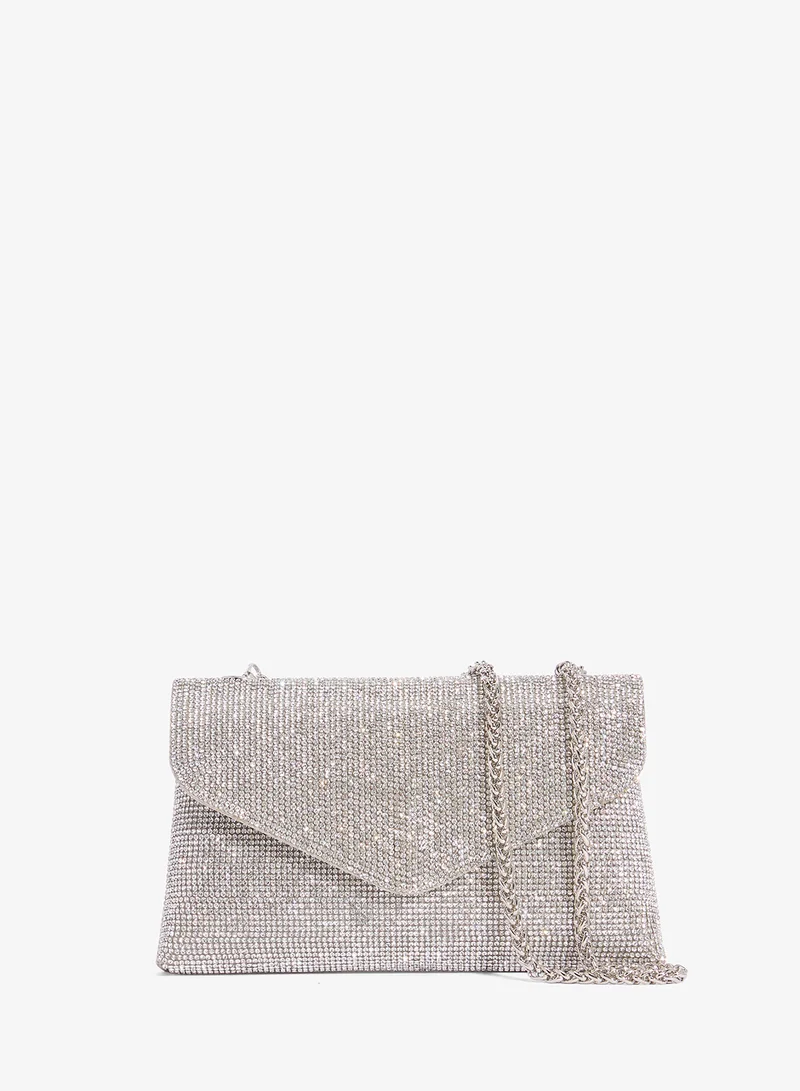 Khizana Rhinestone Embellished Detailed Silver Clutch